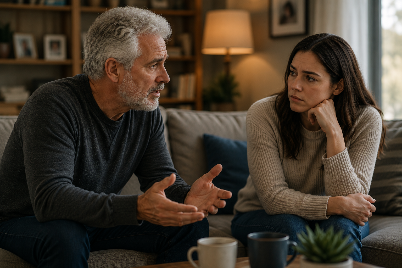 A father and his adult daughter having a serious conversation on a couch