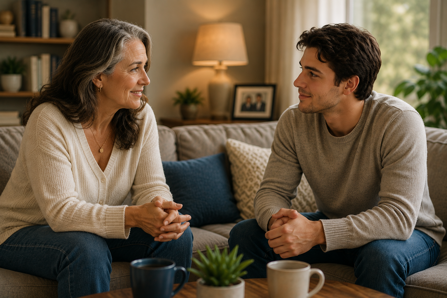 A mother and adult son having a warm, attentive conversation on a couch