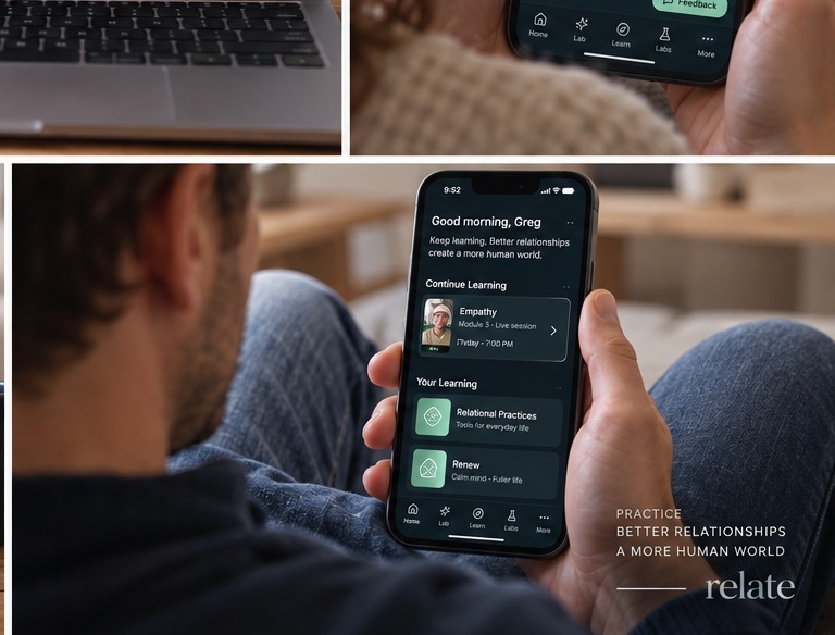 A person using the Relate app, showing daily learning and relational practice options